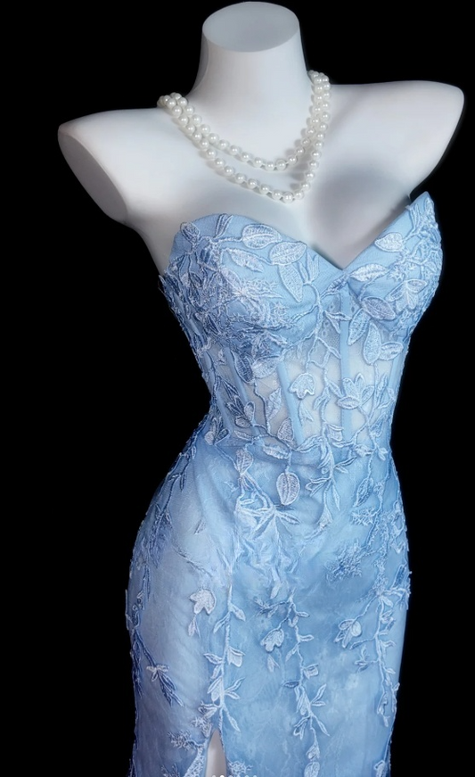 Chic Blue Long Prom Dresses Sweetheart Sheath Slit Evening Dresses  Applique Tulle Sleeveless Formal Dresses ED06085