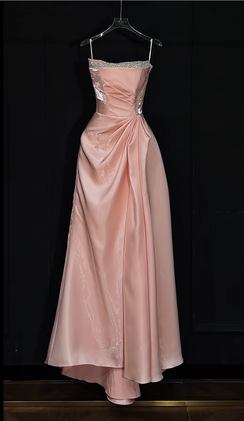 Cute Pink Long Prom Dresses  Strapless A-Line Birthday Dresses Satin Sleeveless Evening Dresses ED06086