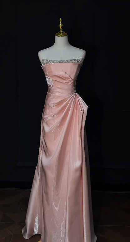 Cute Pink Long Prom Dresses  Strapless A-Line Birthday Dresses Satin Sleeveless Evening Dresses ED06086