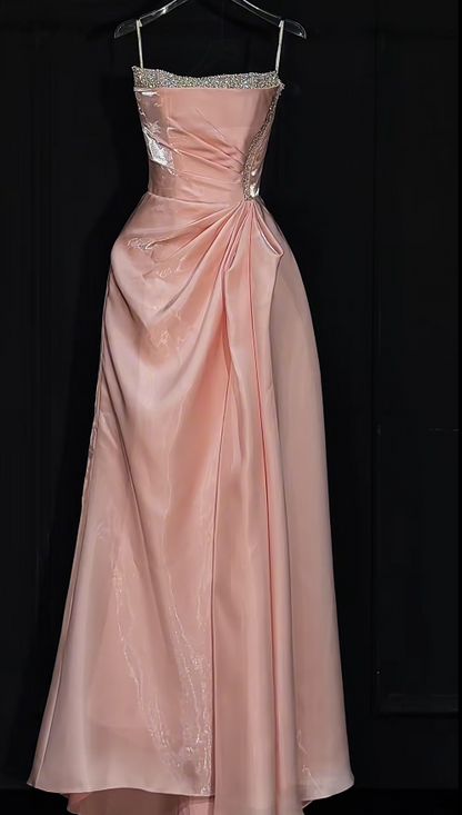 Cute Pink Long Prom Dresses  Strapless A-Line Birthday Dresses Satin Sleeveless Evening Dresses ED06086