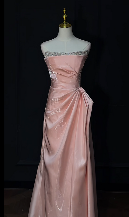 Cute Pink Long Prom Dresses  Strapless A-Line Birthday Dresses Satin Sleeveless Evening Dresses ED06086