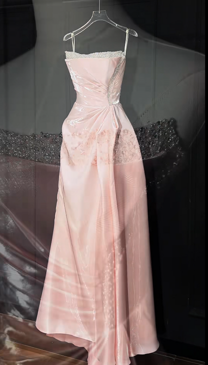 Cute Pink Long Prom Dresses  Strapless A-Line Birthday Dresses Satin Sleeveless Evening Dresses ED06086