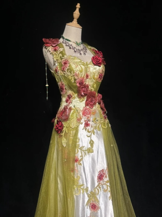 Cute Olive Green Long Prom Dresses Straps Sheath Birthday Dresses Applique Tulle Sleeveless Evening Dresses ED06087