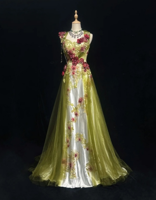 Cute Olive Green Long Prom Dresses Straps Sheath Birthday Dresses Applique Tulle Sleeveless Evening Dresses ED06087