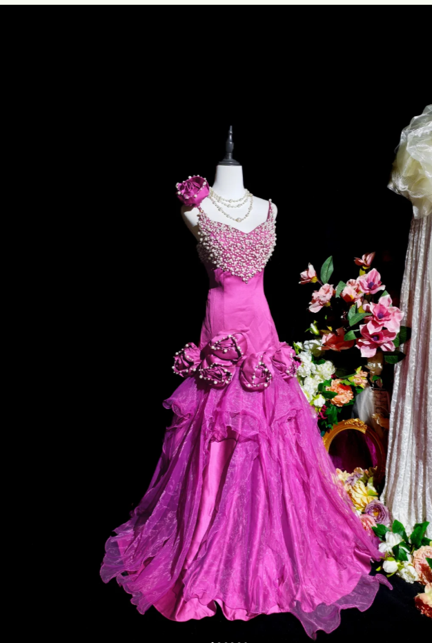 Cute Fuchsia Long Prom Dresses Spaghetti Straps A-Line Birthday Dresses Beaded Tulle Sleeveless Evening Dresses ED06088