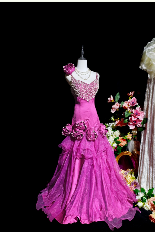 Cute Fuchsia Long Prom Dresses Spaghetti Straps A-Line Birthday Dresses Beaded Tulle Sleeveless Evening Dresses ED06088