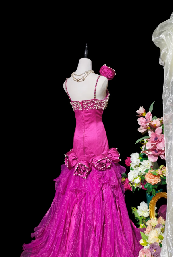 Cute Fuchsia Long Prom Dresses Spaghetti Straps A-Line Birthday Dresses Beaded Tulle Sleeveless Evening Dresses ED06088
