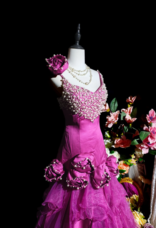 Cute Fuchsia Long Prom Dresses Spaghetti Straps A-Line Birthday Dresses Beaded Tulle Sleeveless Evening Dresses ED06088