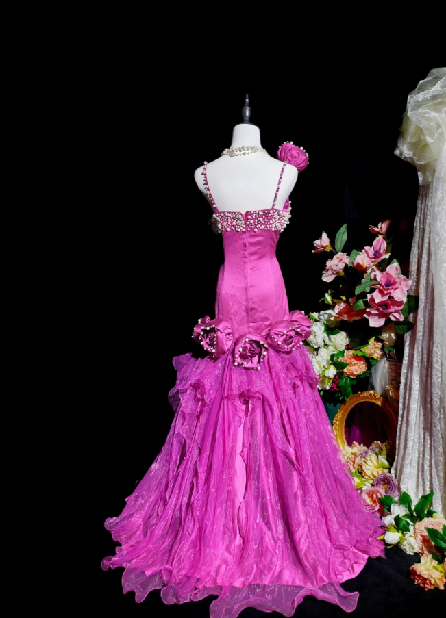 Cute Fuchsia Long Prom Dresses Spaghetti Straps A-Line Birthday Dresses Beaded Tulle Sleeveless Evening Dresses ED06088