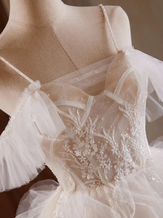 Robe de bal courte en tulle et dentelle champagne clair, coupe courte, robe de soirée ED0609