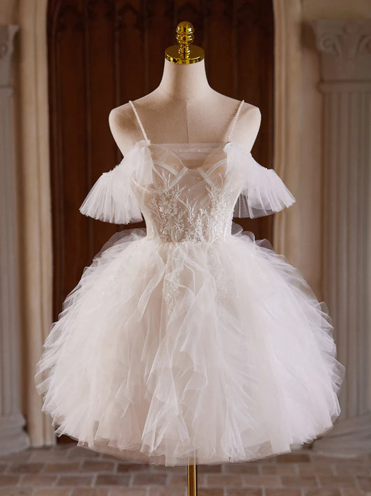 Robe de bal courte en tulle et dentelle champagne clair, coupe courte, robe de soirée ED0609