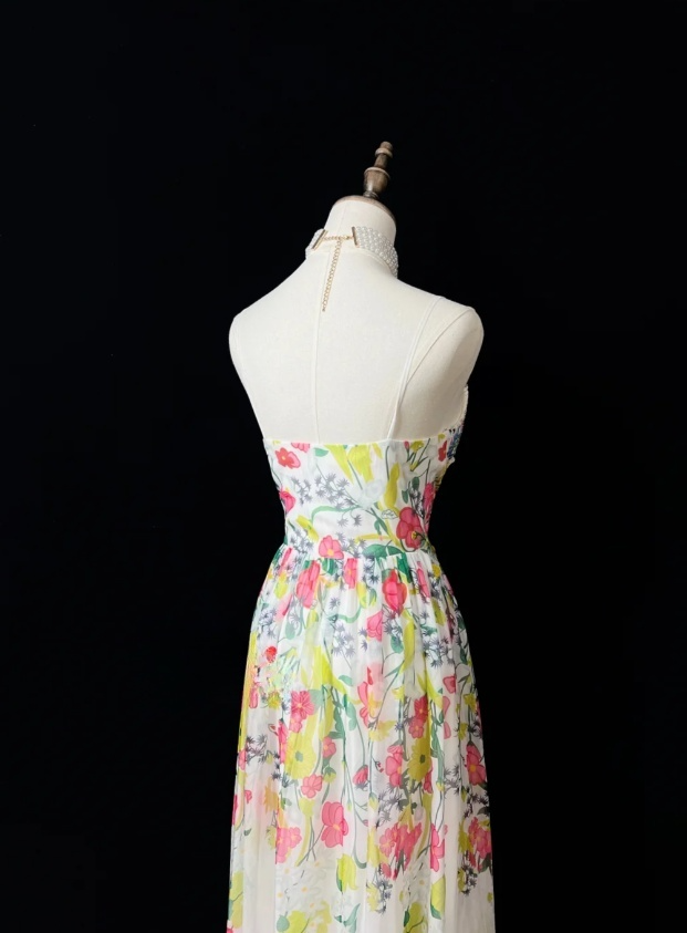 Sexy Floral Long Prom Dresses V-neck A-Line Birthday Dresses Tulle Sleeveless Evening Dresses ED06090