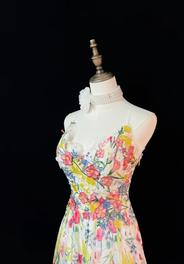 Sexy Floral Long Prom Dresses V-neck A-Line Birthday Dresses Tulle Sleeveless Evening Dresses ED06090