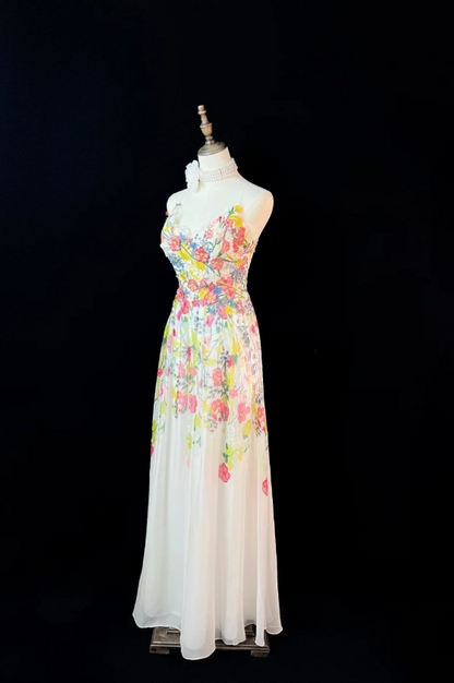 Sexy Floral Long Prom Dresses V-neck A-Line Birthday Dresses Tulle Sleeveless Evening Dresses ED06090