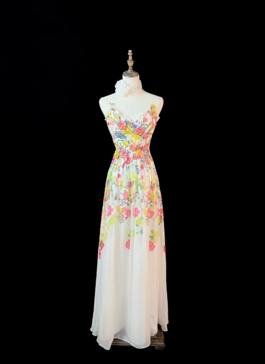 Sexy Floral Long Prom Dresses V-neck A-Line Birthday Dresses Tulle Sleeveless Evening Dresses ED06090