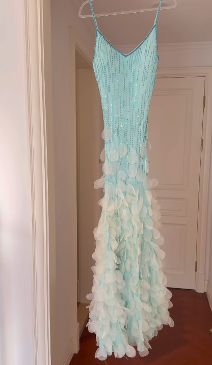 Chic Blue Long Prom Dresses Spaghetti Straps Sheath Birthday Dresses Sequins Chiffon Sleeveless Evening Dresses ED06094