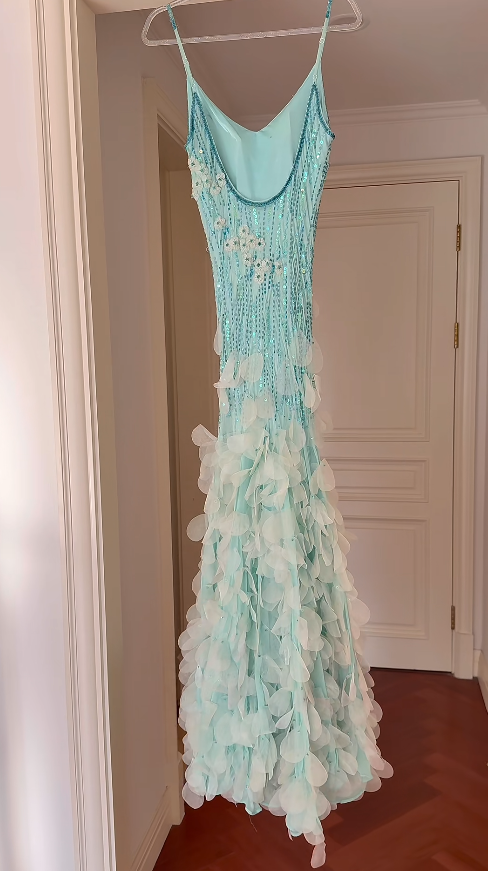 Chic Blue Long Prom Dresses Spaghetti Straps Sheath Birthday Dresses Sequins Chiffon Sleeveless Evening Dresses ED06094