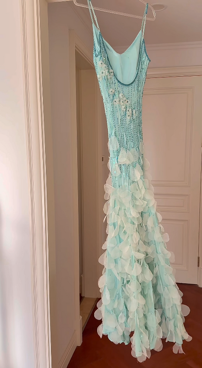 Chic Blue Long Prom Dresses Spaghetti Straps Sheath Birthday Dresses Sequins Chiffon Sleeveless Evening Dresses ED06094