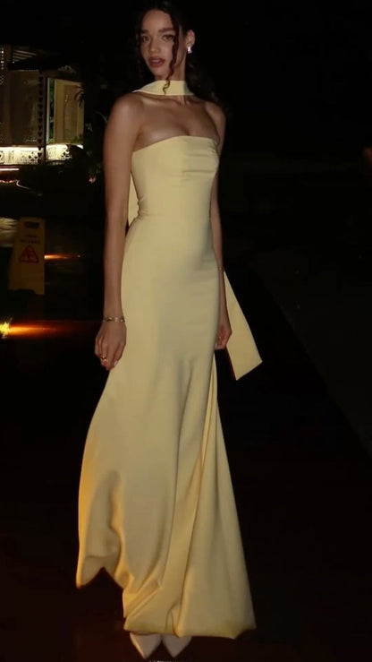 Chic Yellow Wedding Guest Dresses Strapless Sheath Birthday Dresses with Scarf Chiffon Sleeveless Long Evening Dresses ED06096