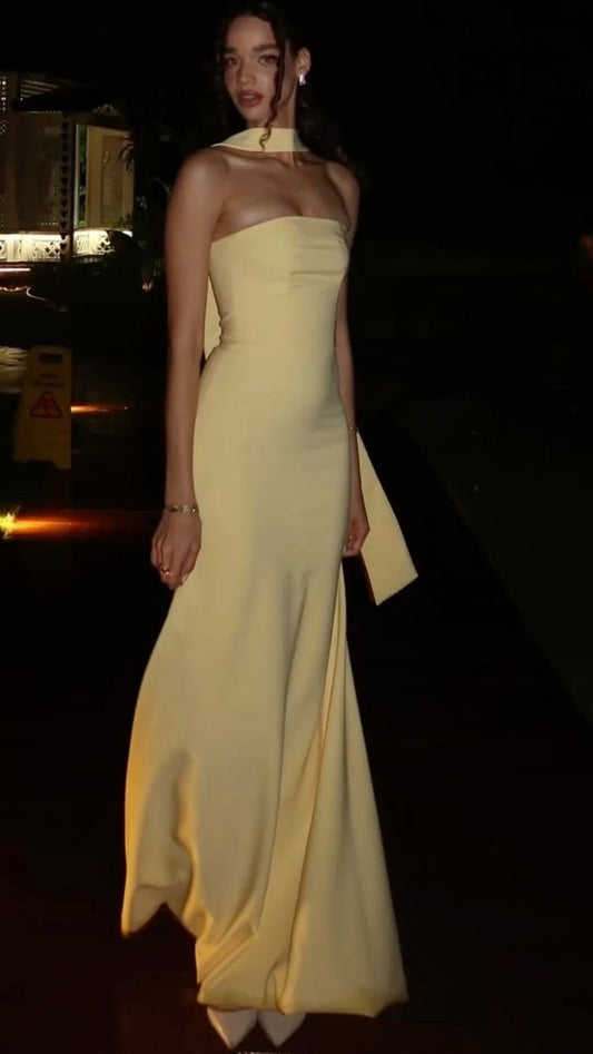 Chic Yellow Wedding Guest Dresses Strapless Sheath Birthday Dresses Chiffon Sleeveless Long Evening Dresses ED06096