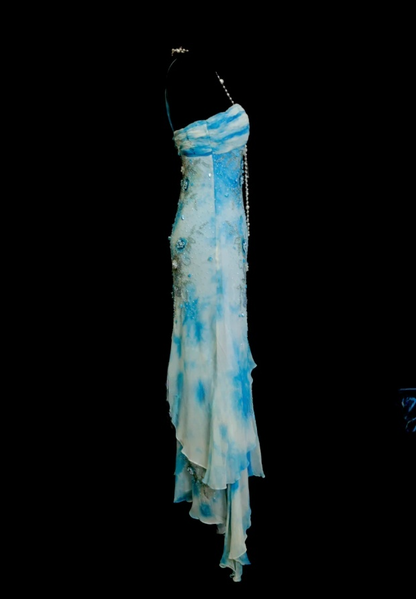 Chic Blue Formal Dresses Halter Sheath Birthday Dresses Beaded Chiffon Sleeveless Long Evening Dresses ED06098