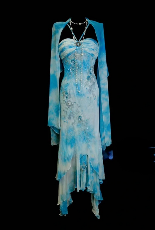 Chic Blue Formal Dresses Halter Sheath Birthday Dresses Beaded Chiffon Sleeveless Long Evening Dresses ED06098