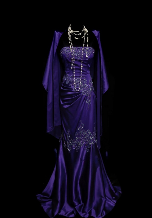 Chic Purple Formal Dresses Strapless Mermaid Birthday Dresses Satin Beaded Sleeveless Long Evening Dresses ED06100