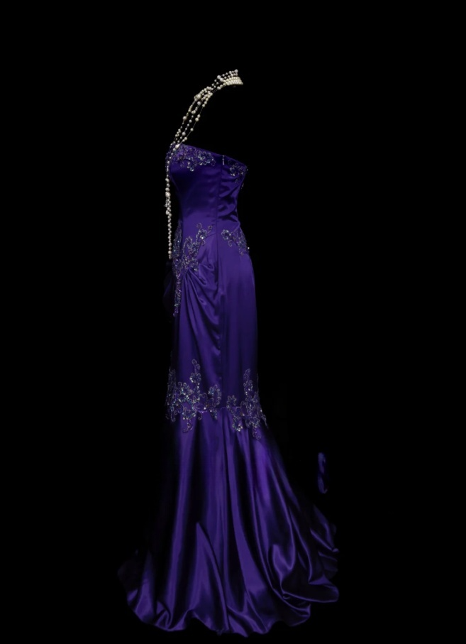 Chic Purple Formal Dresses Strapless Mermaid Birthday Dresses Satin Beaded Sleeveless Long Evening Dresses ED06100