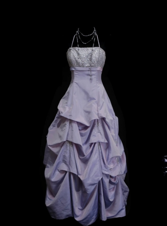 Cute Lilac Quinceanera Dresses Halter A-Line Birthday Dresses Satin Sleeveless Long Prom Dresses ED06102