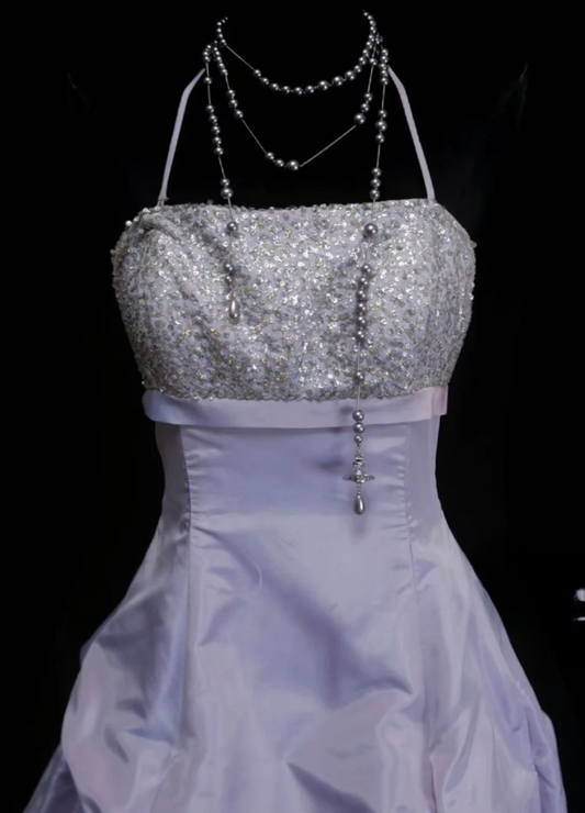 Cute Lilac Quinceanera Dresses Halter A-Line Birthday Dresses Satin Sleeveless Long Prom Dresses ED06102