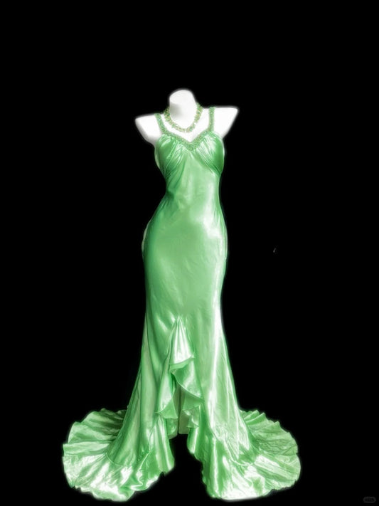 Elegant Green Wedding Guest Dresses V-Neck Sheath Birthday Dresses Satin Sleeveless Long Prom Dresses ED06103