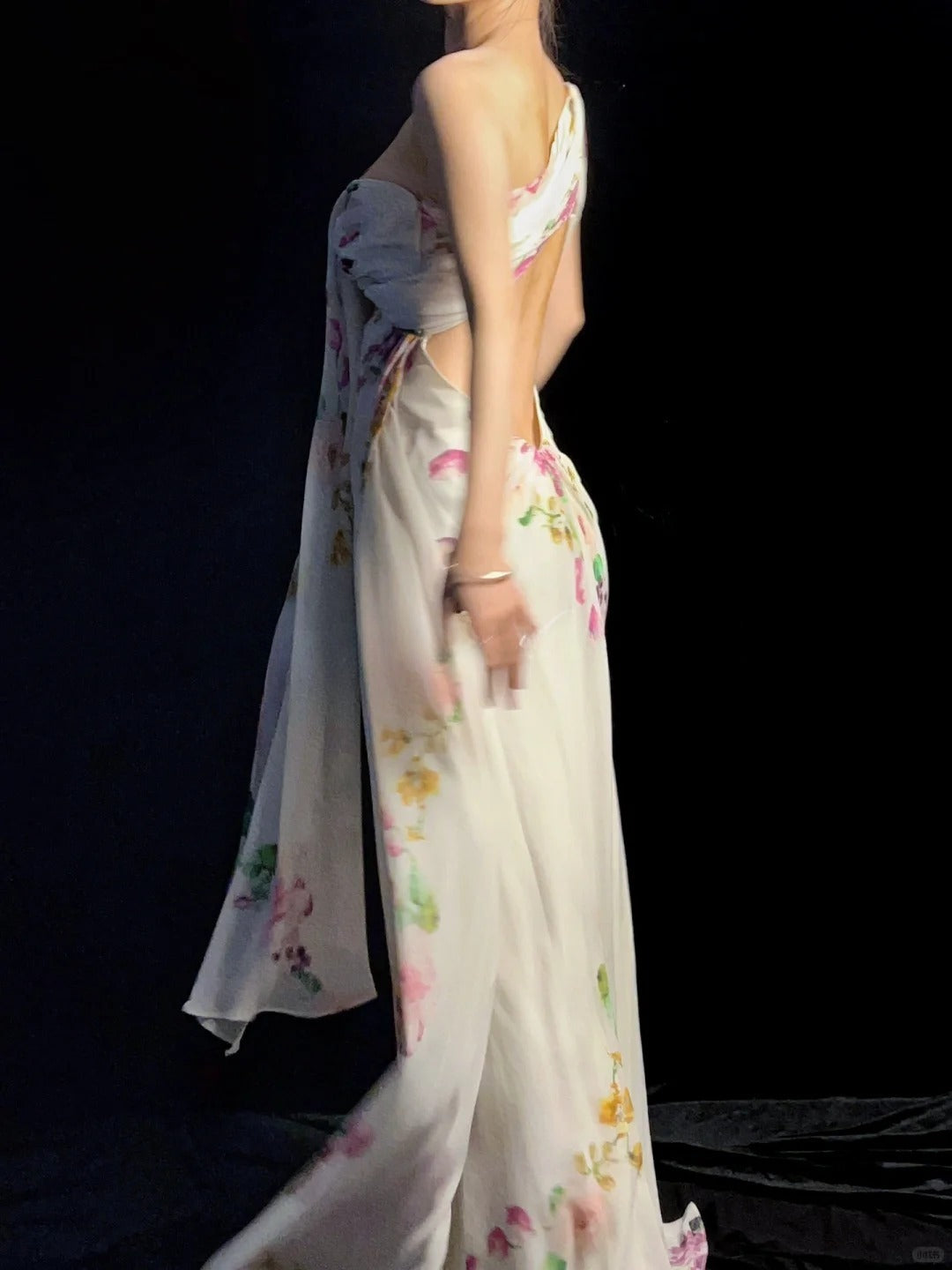 Elegant Floral Backless Long Prom Dresses One-shoulder Sheath Birthday Dresses Chiffon Sleeveless Evening Dresses ED06105