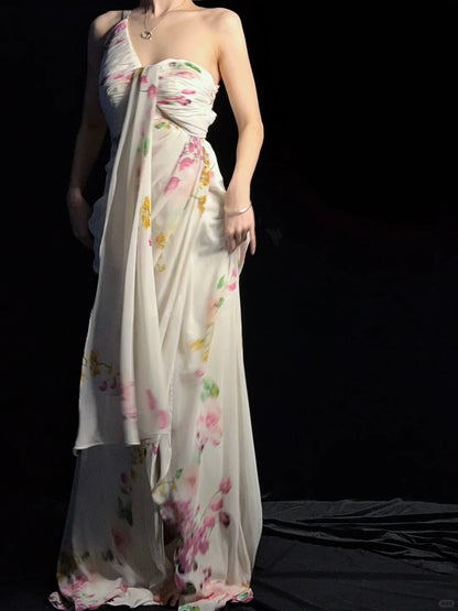 Elegant Floral Backless Long Prom Dresses One-shoulder Sheath Birthday Dresses Chiffon Sleeveless Evening Dresses ED06105
