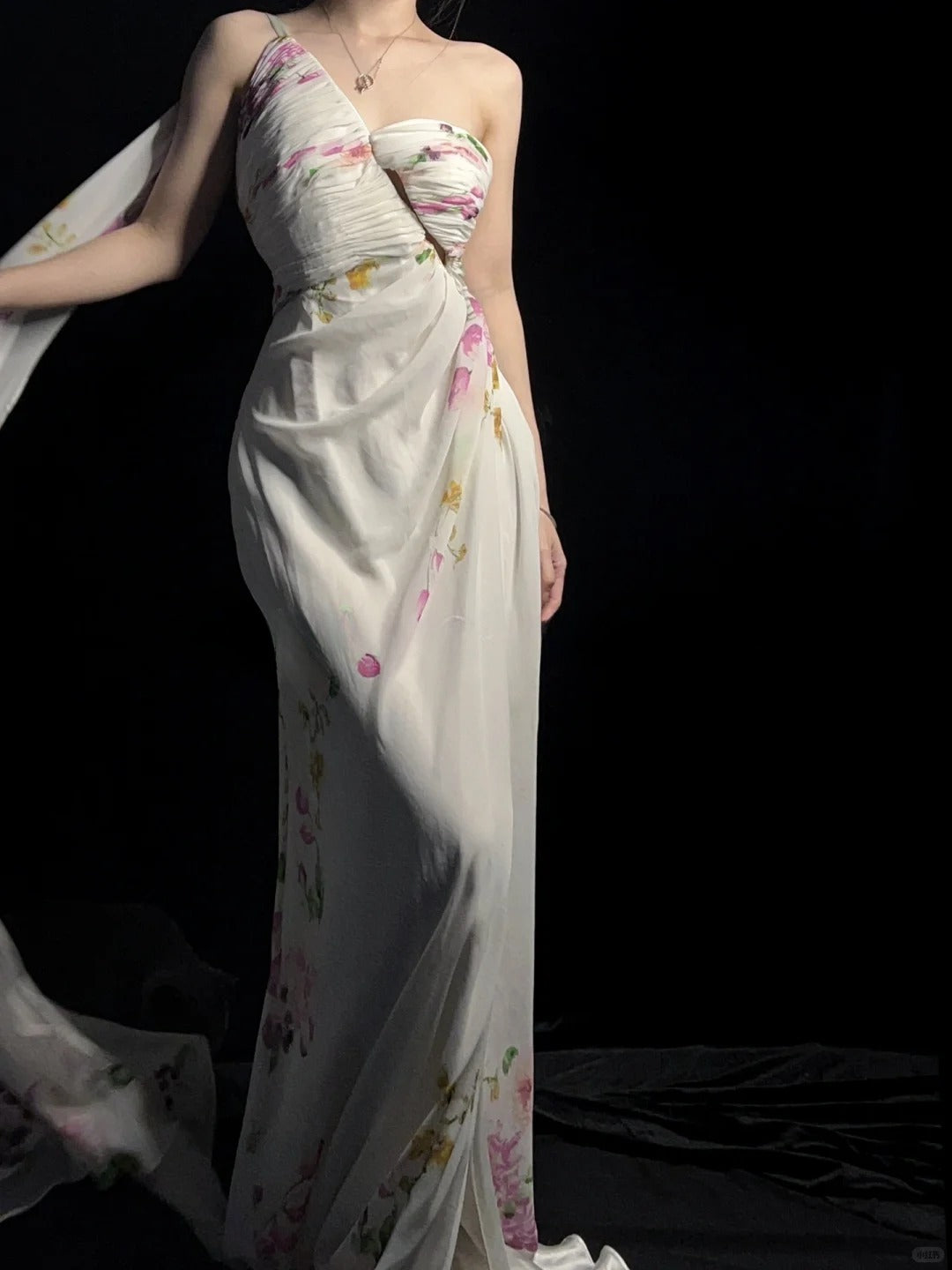 Elegant Floral Backless Long Prom Dresses One-shoulder Sheath Birthday Dresses Chiffon Sleeveless Evening Dresses ED06105