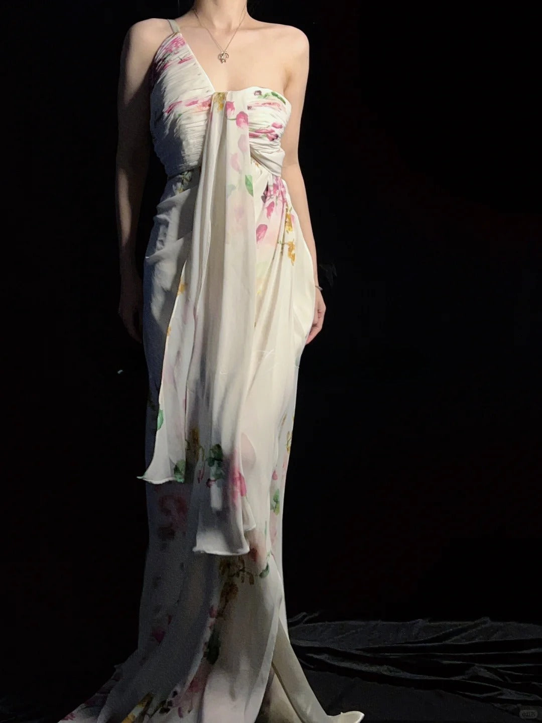 Elegant Floral Backless Long Prom Dresses One-shoulder Sheath Birthday Dresses Chiffon Sleeveless Evening Dresses ED06105