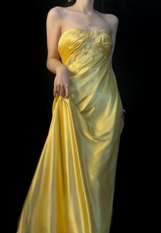Vintage Yellow Long Prom Dresses Strapless Sheath Evening Dresses Satin Sleeveless Party Dresses ED06109