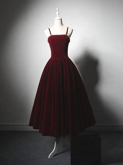 A-Linie, knielanges, burgunderfarbenes Ballkleid aus Samt, burgunderfarbenes Cocktailkleid ED0611