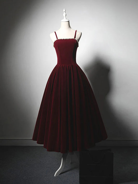 A-Linie, knielanges, burgunderfarbenes Ballkleid aus Samt, burgunderfarbenes Cocktailkleid ED0611