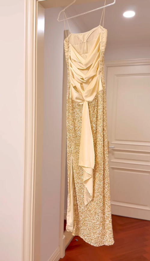 Vintage Gold Long Prom Dresses Spaghetti Straps Sheath Evening Dresses Sequins Sleeveless Party Dresses ED06110