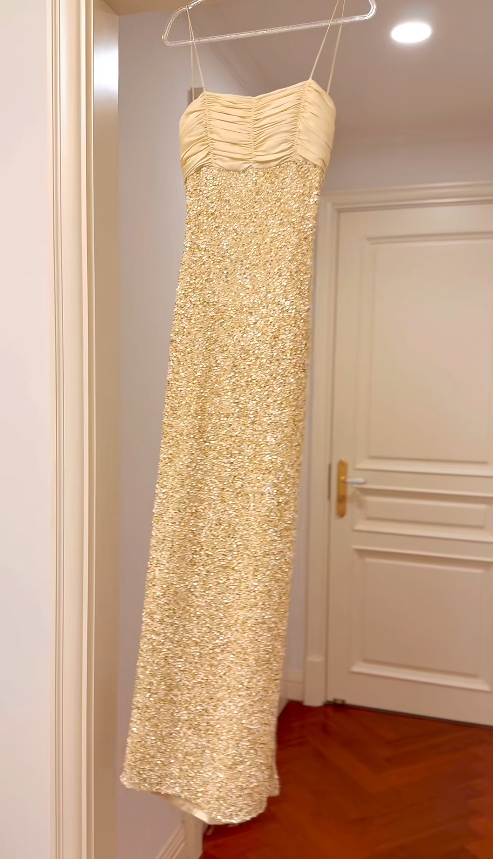 Vintage Gold Long Prom Dresses Spaghetti Straps Sheath Evening Dresses Sequins Sleeveless Party Dresses ED06110