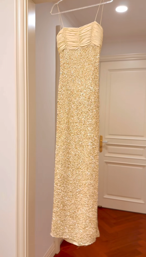 Vintage Gold Long Prom Dresses Spaghetti Straps Sheath Evening Dresses Sequins Sleeveless Party Dresses ED06110