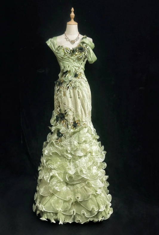 Vintage Green Long Prom Dresses Straps Sheath Evening Dresses Beaded Tulle Sleeveless Party Dresses ED06112