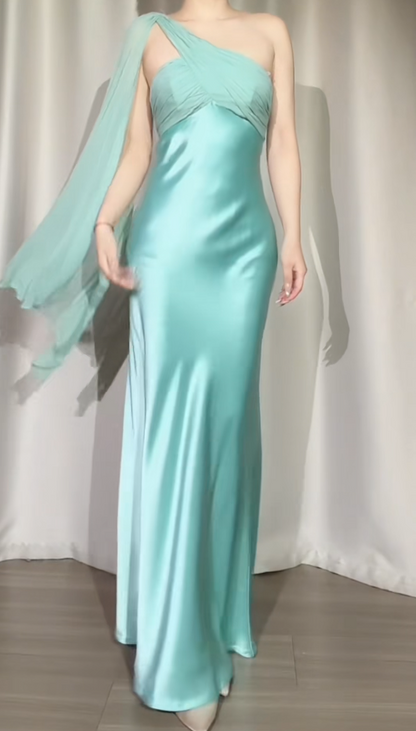 Vintage Blue Long Prom Dresses One-shoulder Sheath Evening Dresses Satin Sleeveless Party Dresses ED06113