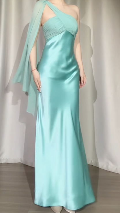 Vintage Blue Long Prom Dresses One-shoulder Sheath Evening Dresses Satin Sleeveless Party Dresses ED06113