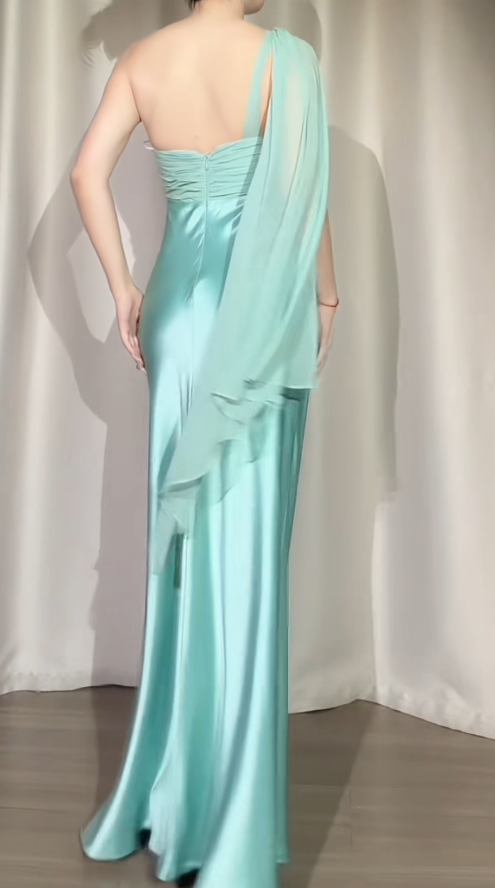 Vintage Blue Long Prom Dresses One-shoulder Sheath Evening Dresses Satin Sleeveless Party Dresses ED06113