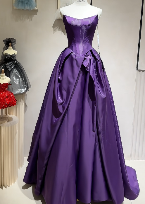 Chic Purple Long Prom Dresses Strapless A-Line Evening Dresses Satin Sleeveless Party Dresses ED06114