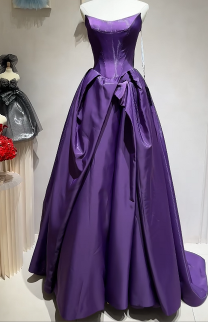 Chic Purple Long Prom Dresses Strapless A-Line Evening Dresses Satin Sleeveless Party Dresses ED06114
