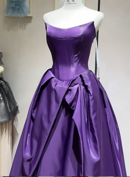 Chic Purple Long Prom Dresses Strapless A-Line Evening Dresses Satin Sleeveless Party Dresses ED06114