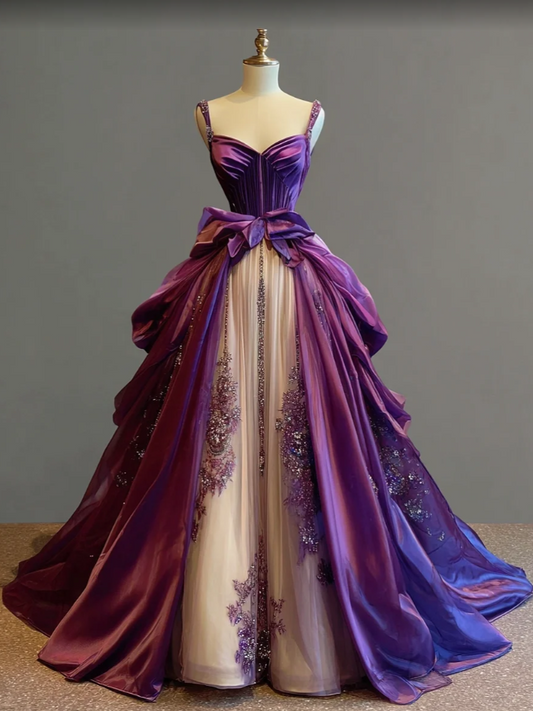 Chic Purple Long Prom Dresses Straps A-Line Evening Dresses Applique Satin Sleeveless Birthday Dresses ED06115