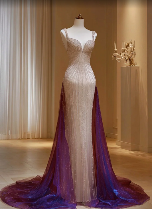 Chic Champagne Long Prom Dresses Straps Sheath Evening Dresses Beaded Tulle Sleeveless Birthday Dresses ED06116